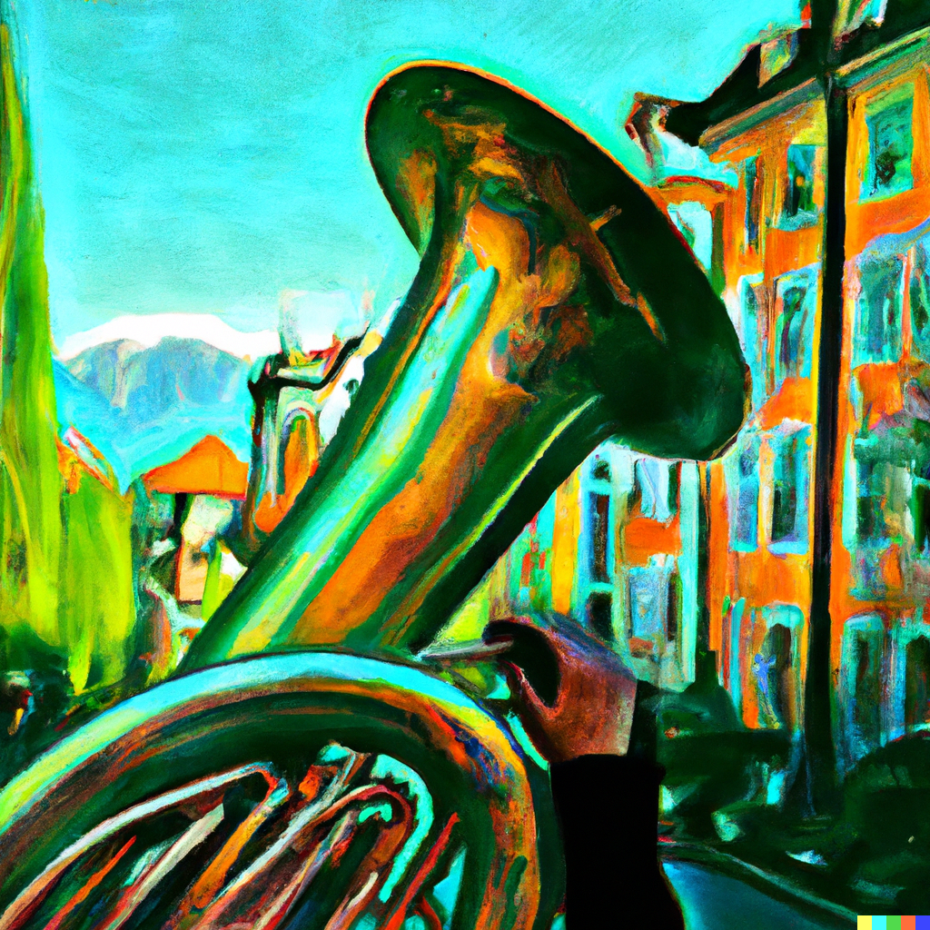 An expressive oil painting of a personified Tuba with the streets of Innsbruck in the background digital art style , green, orange